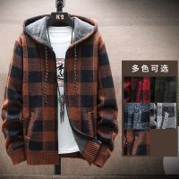 Mens New Winter Plaid Sweater Hooded Cardigan Cold Coat Wool Zipper Jacket Autumn Fleece Warm Clothes Checkered Knit Jumper