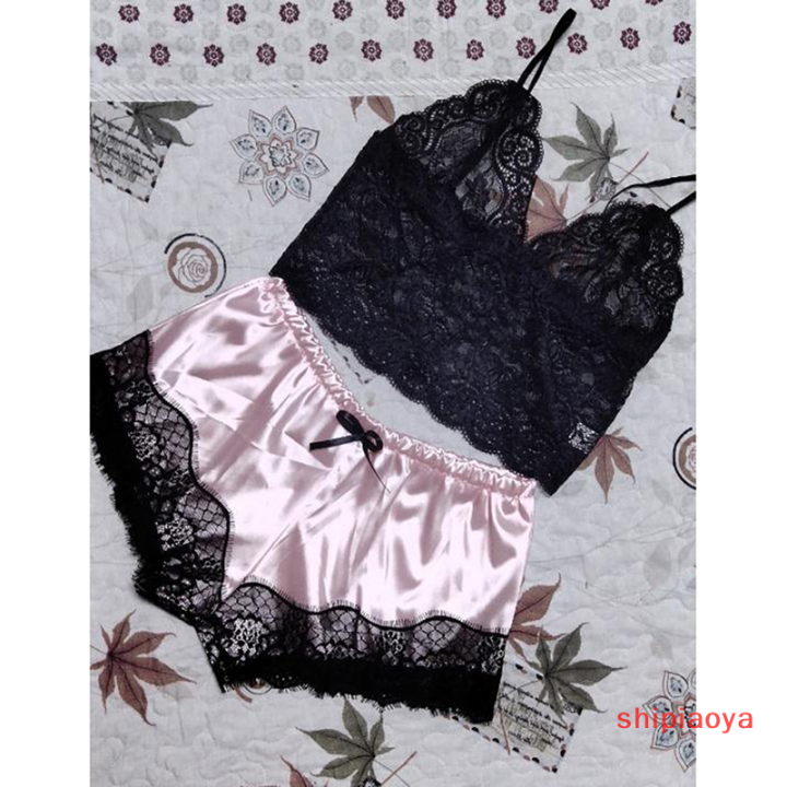 shipiaoya-เสื้อชุดนอนชั้นในลูกไม้ของผู้หญิง2ชิ้นชุดกางเกงขาสั้นชุดนอนเบบี้ดอลล์ชุดกลางคืน