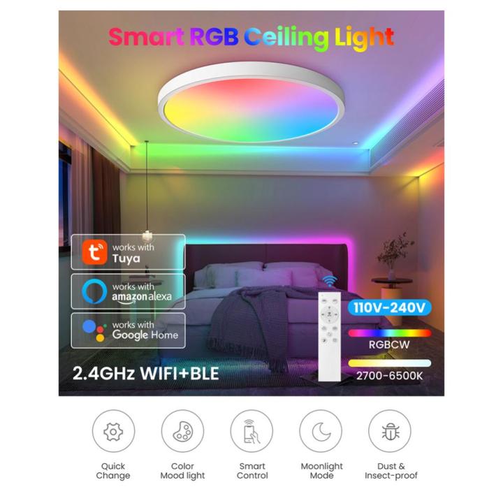 โคมไฟติดเพดานอัจฉริยะ24w-rgb-ไฟประดับบ้านแอปรีโมทคอนโทรลโคมไฟติดเพดานที่ทันสมัย2400lm-ช่วยด้วยเสียง-wifi-สำหรับห้องนั่งเล่นห้องนอน