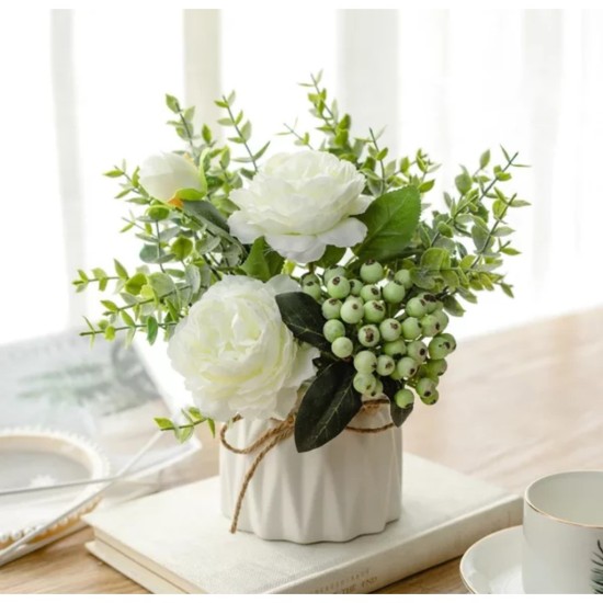 Lọ hoa mẫu đơn mini cắm sẵn - hoa lụa để bàn trang trí quán cà phê - ảnh sản phẩm 1