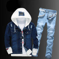 ผู้ชาย Hooded คาวบอยแจ็คเก็ตซิปกางเกงยีนส์2ชิ้นชุด Plus ขนาด Street Single Breasted Hole Ripped Blue Denim Coat Suit