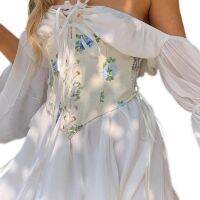 Off Shoulder Chiffon Dress Long Flared Sleeves Corset Women Clothing Summer Skirt Strapless with Hollow Waist Knee Blow