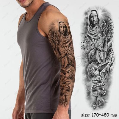 【YF】 Waterproof Temporary Tattoo Sticker Full Arm Large Virgin Cross Tatoo Stickers Flash Fake Tattoos for Men Women