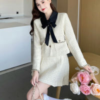 French Vintage Small Fragrance Tweed Two Piece Set Women Bow Short Jacket Coat + Pleated Skirt Sets Fall Winter Sweet 2pcs Suits