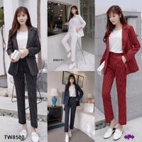 B8580 Set สูทริ้วแขนยาว+ กางเกงขายาว Set of long sleeve striped suit + pants