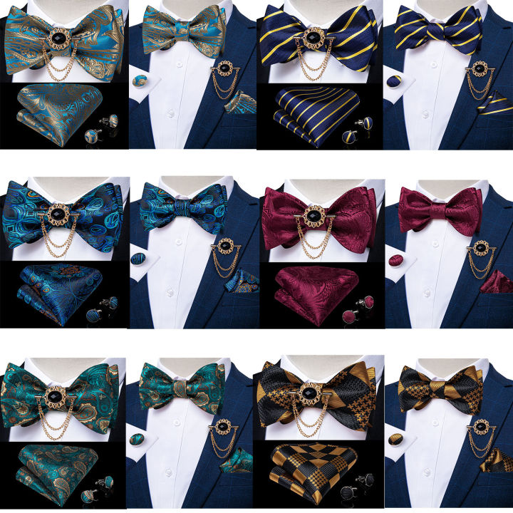 การออกแบบใหม่ธุรกิจงานแต่งงาน-bowtie-ผู้ชาย-blue-paisley-ผ้าไหม-bow-tie-pocket-square-เข็มกลัด-pin-ชุดผีเสื้อ-tie-dibangu