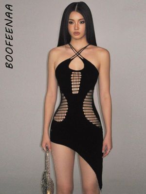 BOOFEENAA ชุดเดรสไม่สมมาตรกลวงสำหรับผู้หญิงชุด Y2k คลับเปิดหลังสีดำสำหรับฤดูร้อน C70-BC12