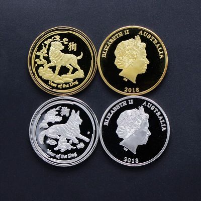 เหรียญที่ระลึกจักรราศีจีน2ชิ้น/ล็อต2018เหรียญสุนัขขนาด1ออนซ์40มม. สีเงินชุบทองปีปล่อยออกมาใหม่