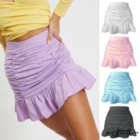 ❥Only➢Women High Waist Ruched Skirt Stylish Ruffled Hem Solid Color Skirt for Ladies