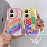 Phone Case เคส VIVO Y27 Y36 4G 5G Y35 Y16 Y22 Y22s Y02 Y02A Y02T Y02s Y01 Y30 5G เคสนิ่มลายการ์ตูนสายรุ้งน่ารักขอบครีมเคสมือถือกันกระแทกพร้อมสร้อยข้อมือหน้ายิ้ม