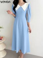 Women Elegant Office Lady Dress 2023 Fashion Dress Lapel Neck Casual 3/4 Sleeve Party Sundress Beach Vestidos A-Line Robe Femme