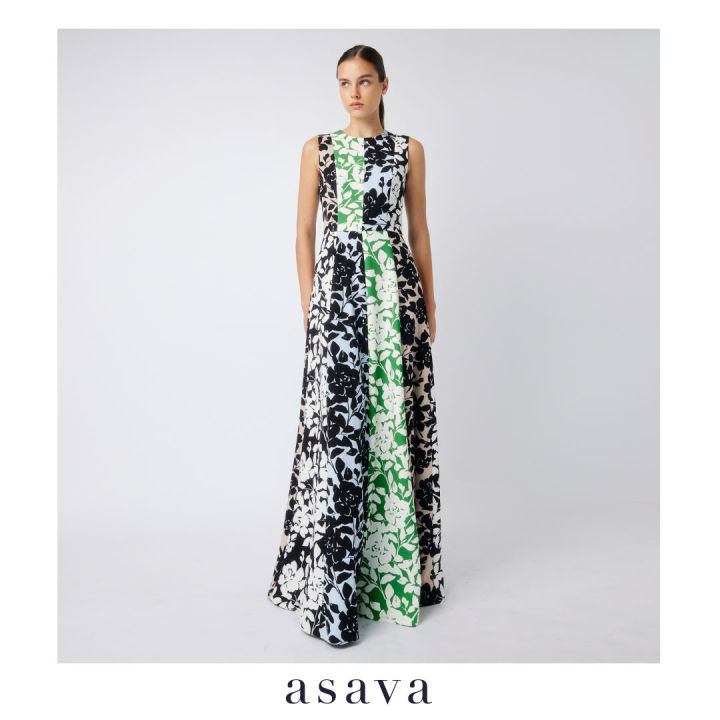 asava-ss20-multi-floral-printed-gown-ชุดเดรสยาว-แขนกุด-ตัดต่อผ้าพิมพ์ลายดอกไม้