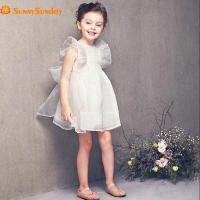 Cute! Sweet! Girls Solid Mesh Tutu Dresses Summer Cotton al Sleeve Bow O-Neck Knee-Length Dress Princess For Wedding Party