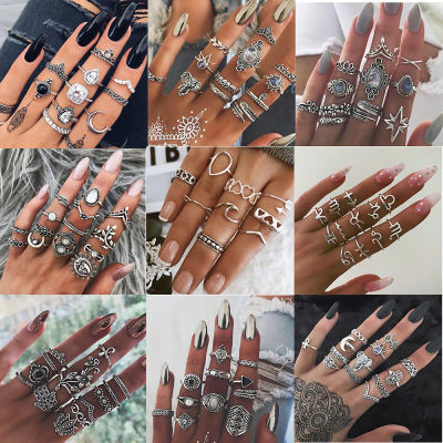 ZHINI Boho Vintage Gold Knuckle Rings Set for Women New Geometric Ring Sets Black Rhinestone Ring Jewelry Gift Femme Bijoux