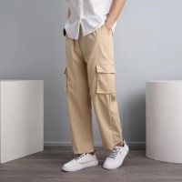 Korean style mens straight cut cargo fashion multi pocket oversized long casual loose trousers khaki black kargo 長褲男休闲工装裤