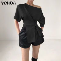 VONDA เสื้อจับจีบเปิดไหล่แฟชั่นสำหรับผู้หญิงคอกลมเสื้อเสื้อดีไซน์ใหม่ลำลอง (ลำลองเกาหลี) [ลดล้างสต๊อก]