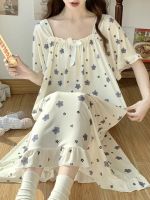 【Ready】? s summer ghtgown th sle ice silk short-sed floral sweet large size jamas can be worn as home clot