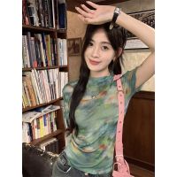 ✱❒✈ เสื้อยืดแขนสั้น ผ้าโปร่ง พิมพ์ลายมัดย้อม แฟชั่นฤดูร้อน