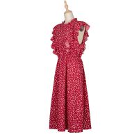 Dot Print Butterfly Sleeve Ruffles Medium Long Chiffon Dress