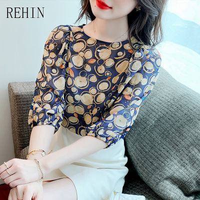 REHIN ผู้หญิง Top Spot Bubble พิมพ์3/4แขนเสื้อชีฟอง Light Breathable บางรอบคอเสื้อ Elegant