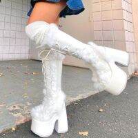 ippeum Bratz Shoes Blue Vigilance Chunky Platform Boots Lolita White Snow Plush Gothic Knee Boats Y2K Doll Shoes For Women