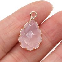 Charms Natural Rose Quartzs Pendants Plating Golden Water Drop Shape Pendants for Jewelry Necklace Bracelets Accessories 14x23mm