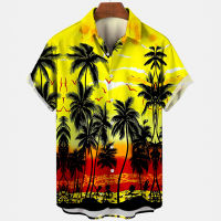 【YY】Mens Shirt Hawaiian Casual Shirts Short Sleeve V-neck Tops Coconut Tree 3d Print Fashion Pullover Beach Holiday Casual Clothes