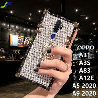 JieFie เคสป้องกันเต็มรูปแบบสำหรับ OPPO A9 2020 / A5 2020 / A31 / A3S / A12E /A5S เพชรหรูหราเคสโทรศัพท์สี่เหลี่ยมแวววาวเคสป้องกันเต็มรูปแบบพร้อมขาตั้งห่วง