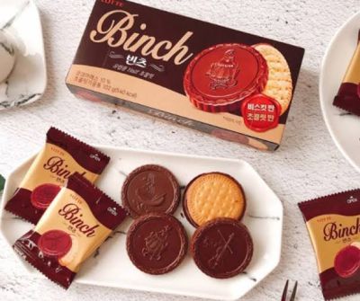 ขนมเกาหลี Lotte binch chocolate biscuit 102g롯데 빈츠 บินซ์ บิสกิตเคลือบช็อกโกแลต