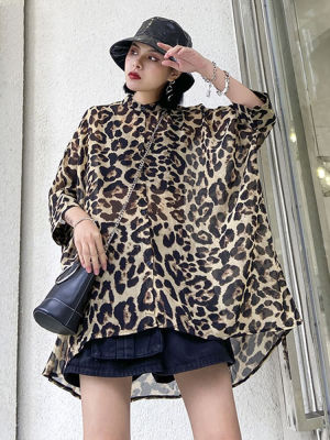 XITAO Shirt Leopard Blouse Women Loose Goddess Fan Chiffon Shirt