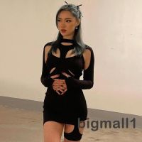 COD SDFGERTYTRRT BIGMALL-Women Long Sleeve Dress with Leg Sleeves Sexy Skinny Fit Hollow Decoration Y2K Lace Up Backless Mini Dress Streetwear Autumn