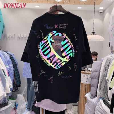 Harajuku Hip Hop Women Shirt INS Reflective Back Cartoon Bear T-shirt  Summer Loose Couple Mid-length Short Sleeve Tops