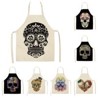 Couple Skull Series Pattern Kitchen Apron Unisex Cotton Linen Sleeveless Apron Household Baking Coffee Shop Cleaning Tool фартук