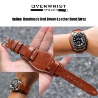 สายนาฬิกา สายหนังวัวแท้ overwrist italian handmade red brown leather bund strap