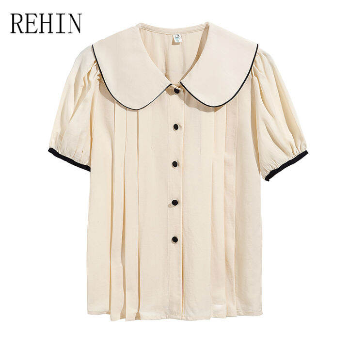 rehin-เสื้อสไตล์เกาหลีแบบใหม่แขนสั้นผู้หญิง-เสื้อแขนพองหวานคอตุ๊กตาแฟชั่นฤดูร้อน