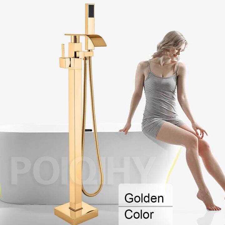 Chrome Floor Mounted Bathtub Shower Faucet Swivel Waterfall Spout Free