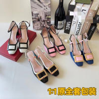 RV Square Buckle Hollow High Heel Roger vivierˉ Womens Sandals Summer 2023 New Square Toe Chunky Heel White High Heels Womens Shoes