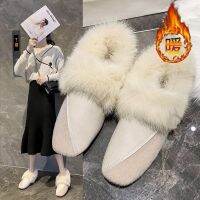 【CW】 Winter Patchwork square toe fur shoes women fluffy plush flats add cashmere moccasins retro warm rabbit fur loafers woman 2021