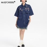 MAYCHEER   Mens shirt retro washed old denim new cartoon embroidery loose lapel short sleeves shirts women and men unisex