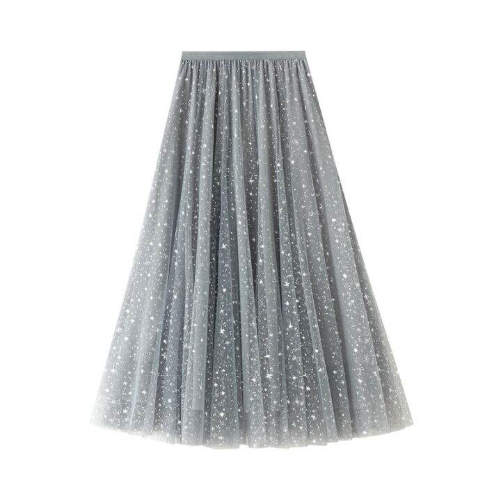 sequined-star-gauze-skirt-womens-fashion-cly-medium-length-skirt