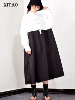 XITAO Dress  Contrast Color Patchwork Women Full Sleeve Shirt Dress