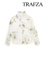 TRAFZA Summer Womens Elegant Floral Print Casual Blouse Fashion Long Sleeve Bow Knot High Neck Satin Blouse Womens Tops