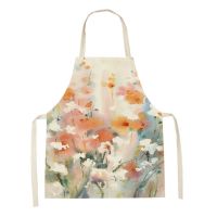 ♦๑ Home Flower Printed Linen Pinafore Kitchen Apron Women Men Home Cooking Baking Waist Bib Kitchen Accesories Apron