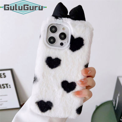 สำหรับ OPPO Reno2 Reno3 Reno4 Reno5 Reno6 Reno7 Z ค้นหา X3 Pro Furry Case, Love Heart รูปแบบ + Bowknot หูและ Polka Dot วัวจุด + หนัง Horn ขนปุยปกหลังกรณี