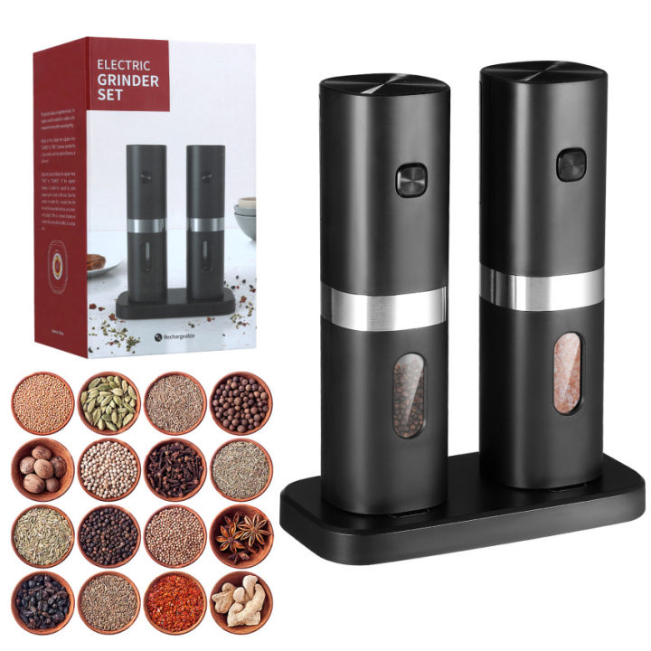 Battery Operated Salt and Pepper Grinder Set, Electric Salt Grinder with  Storage Base, One Hand Automatic Operation, Stainless Steel Black 2 Pack