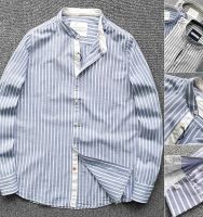 Italian foreign trade yarn material 100 cotton cool and breathable summer thin mens casual stand-up collar striped long-sleeved shirt 【JYUE】