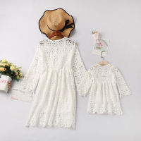 Family Matching Clothes Mother Daughter Dresses Women Floral Lace 34 Sleeve Dress Baby Girl Mini Dress Mom Girl Party Clothes