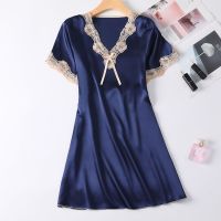 Han edition new pajamas women summer thin section emulation silk short sleeve lace v-neck ice nightgown big yardsTH