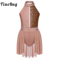 ❖™ Sleeveless Rhinestone Ballet Gymnastics Leotard Dress Kids Girls Ballerina Mesh Skirt Contemporary Lyrical Figure Skating Dress