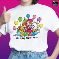 เสื้อปีใหม่ (ลาย HAPPY NEW YEAR ลูกโปร่งรุ้ง ) ผ้าไมโคร ใส่สบาย พร้อมส่ง